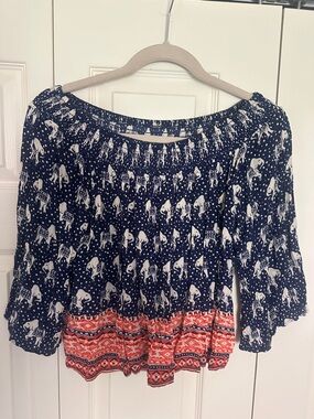 BCNU Boho Navy Off-Shoulder Tunic with Coral Border